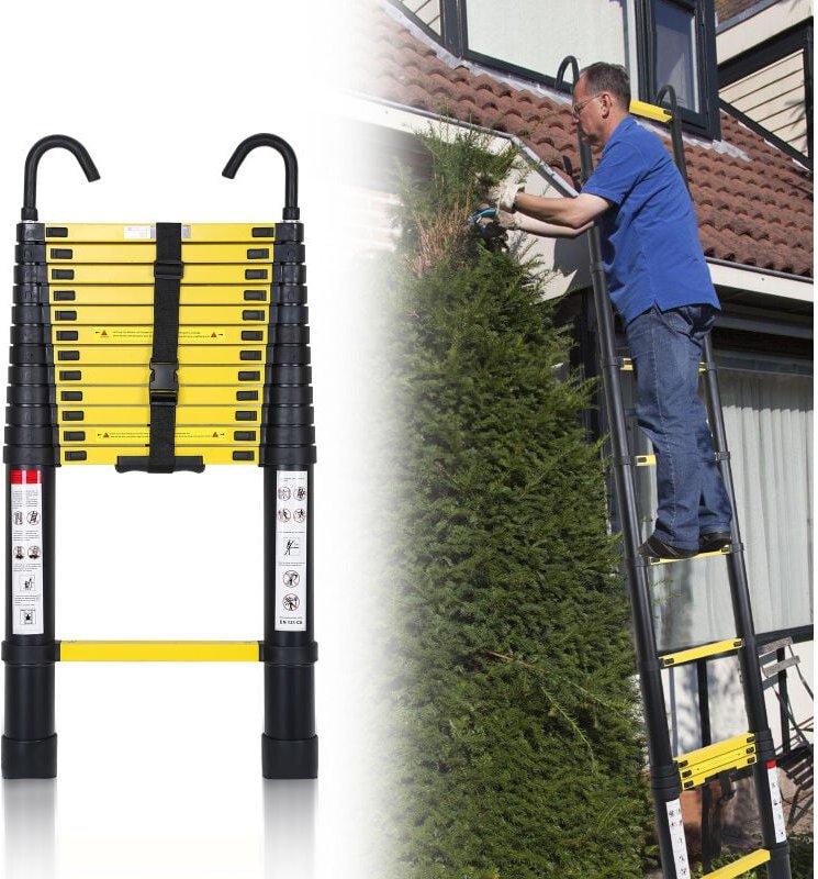 Teleskopleiter Ausziehleiter Klappleiter Stabil Aluminium Stehleiter bis 150kg 3,8m schwarz+gelb mit haken