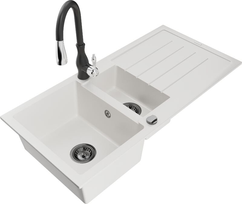 Andres 1,5-Becken-Granitspüle mit Abtropffläche und Mischbatterie Savita, Weiß - 6515-20-67260 - Mexen