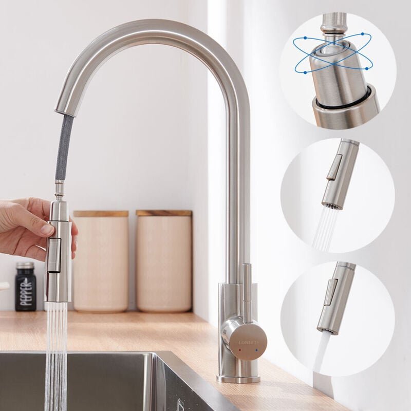 Edelstahl Wasserhahn Küche ausziehbar mit 2 Strahlarten 360° drehbar Hochdruck Küchenarmatur, Einhebelmischer Armatur Kü...