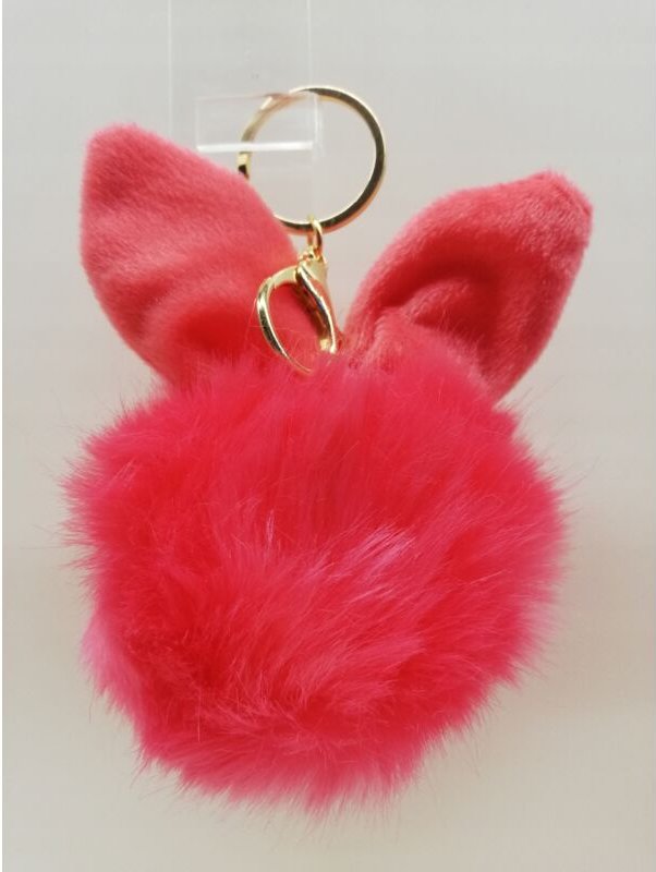 Schlüsselanhänger mit Fellbommel und Hasenohren, rosa, fürs Auto