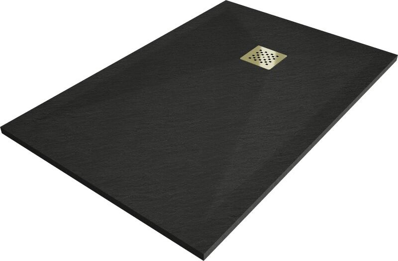 Stone+ rechteckige Verbundduschtasse 130 x 80 cm, schwarz, Abdeckung gold - 44708013-G - Mexen