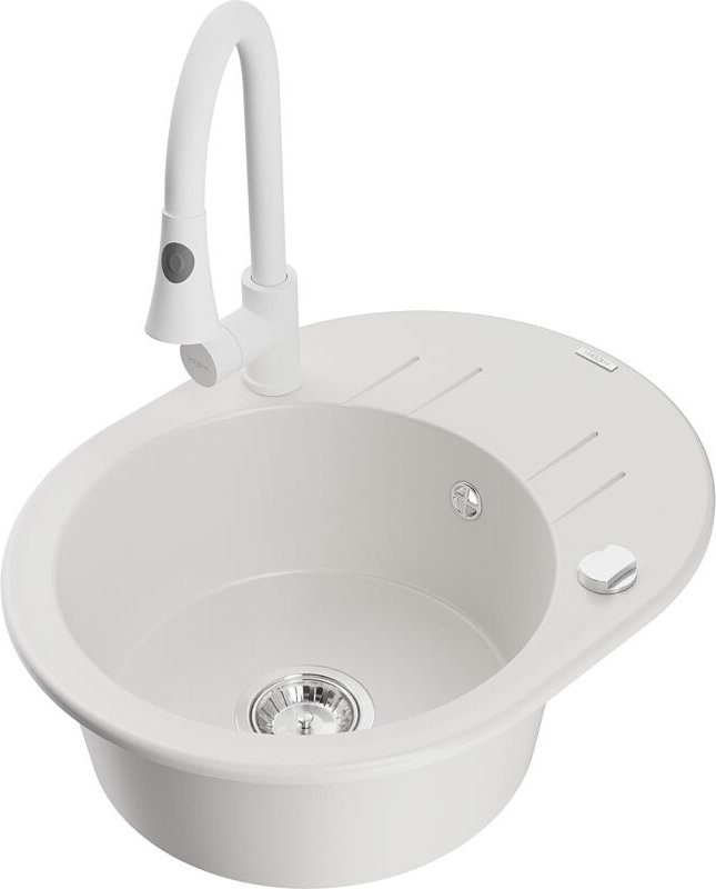 Kevin 1 Becken-Granitspüle mit Abtropffläche und Mischbatterie Elia, Weiß - 6517-20-670101-20 - Mexen