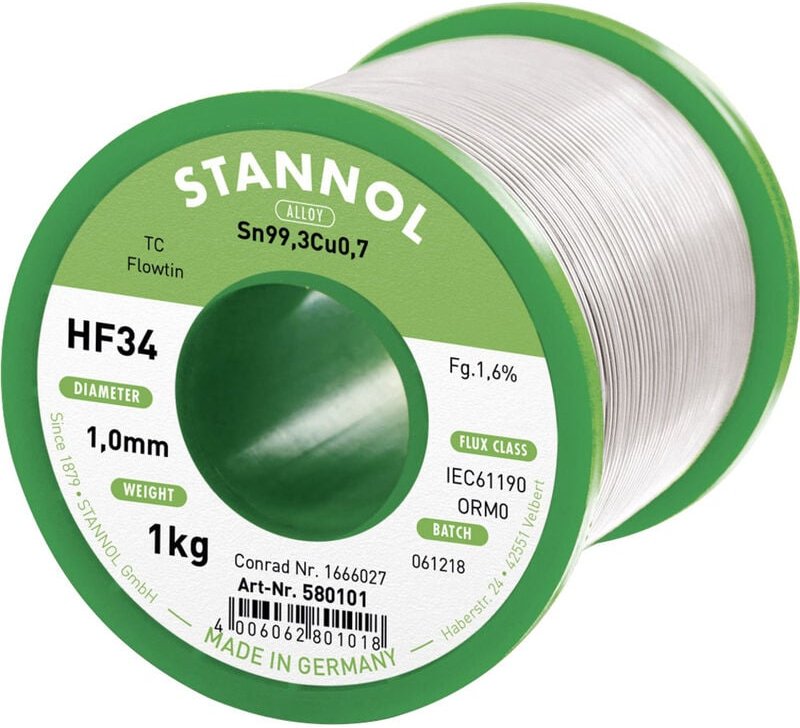 Thumbnail - Stannol HF34 1,6% 1,0MM FLOWTIN TC CD 1000G Lötzinn, bleifrei Spule, bleifrei Sn99,3Cu0,7 ORM0 1000