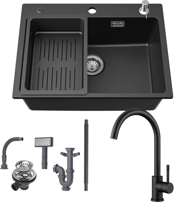 Cecipa Max - Granitspüle 60×45 cm Küchenspüle Granit + Hochdruck Küchenarmatur, Aufsatz Spüle mit Abtropfkorb und Seifen...