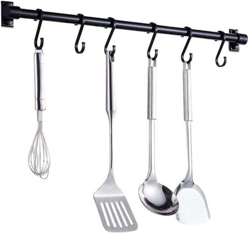 Küchenutensilienleiste zur Wandmontage, 40 cm Küchenregalleiste mit 6 abnehmbaren Haken, Wandregal-Türregal (schwarz) - ...