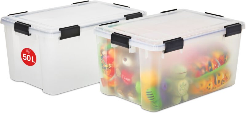 Luftdichte Kunststoff-Aufbewahrungsboxen mit Deckel, 50L, 2er-Set, Transparent, Hermetischer wasserdichter Verschluss, R...