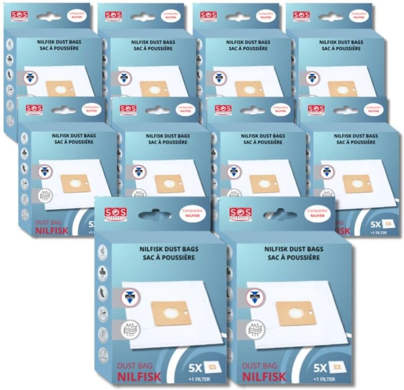 Ersatzteil - SOS Accessoire Lot de 10 boîtes de 5 sacs avec 1 pre filtre COUPE/COMPACT/GO/FORCE pour Aspirateur NILFISK ...