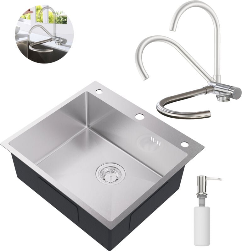 Edelstahl Küchenspüle + Umklappbare Küchenarmatur Set, 54 × 49 cm Einbauspüle mit Seifenspender, Vorfenster Spültischarm...