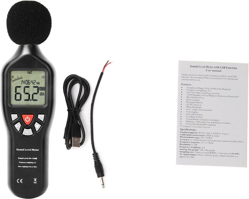 Professioneller Schallpegelmesser, Datenlogger, Geräusch-Audiotester 30 dB-130 dB