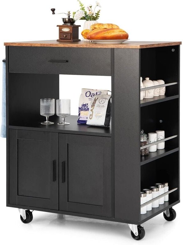 Küchenwagen auf Rollen, Servierwagen mit Arbeitsplatte & Handtuchhalter & 3 Gewürzregalen & Schublade, Holz, für Küche, ...