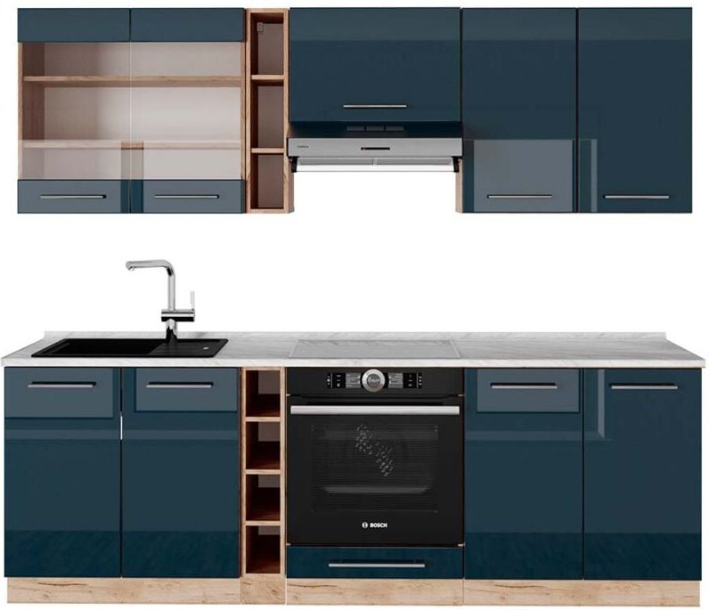 Vicco - Küchenzeile Fame-Line, Dunkelblau Hochglanz/Goldkraft Eiche, 235 cm , ap Marmor