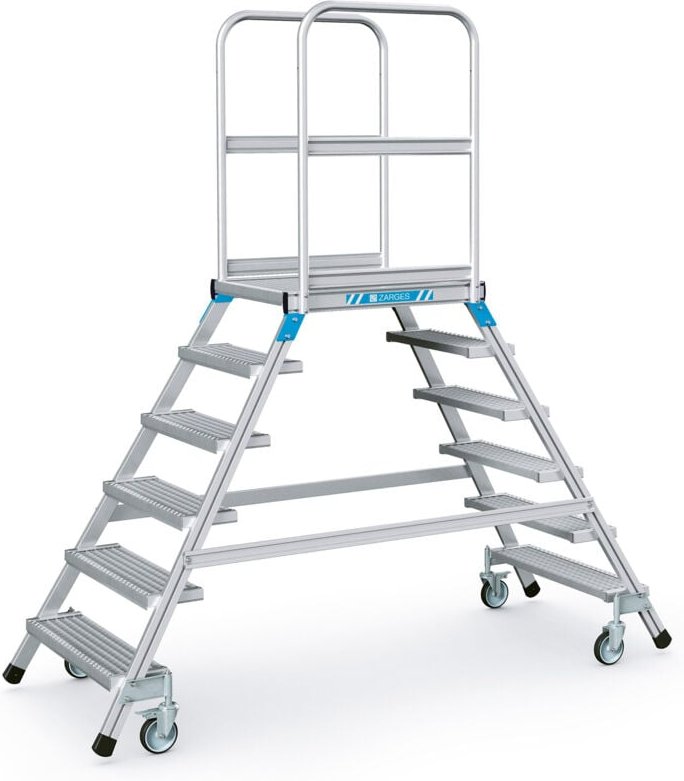 Zarges Podestleiter fahrbar mit 2x6 Stahl-Gitterrost-Stufen