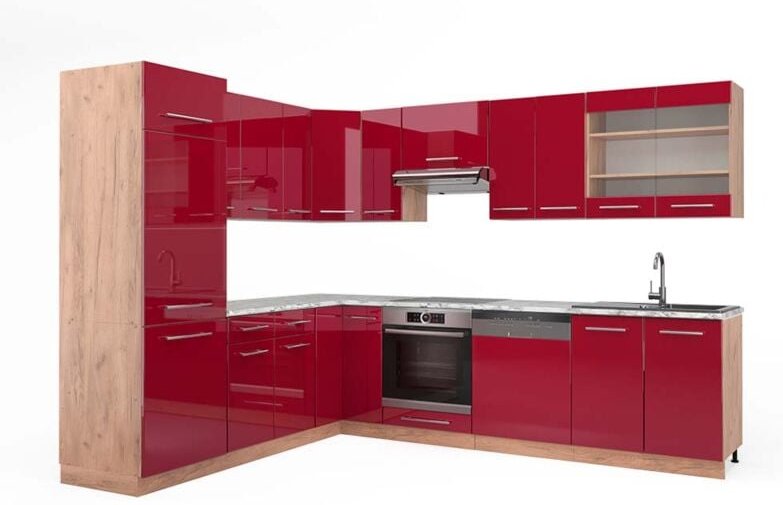 Vicco - Eckküche Fame-Line, Bordeaux Hochglanz/Goldkraft Eiche, 227 x 287 cm , ap Marmor