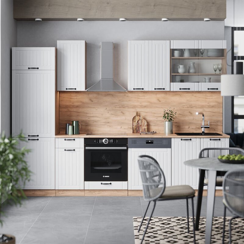 Küchenzeile Fame-Line, Weiß Landhaus, 300 cm , AP Marmor, Vicco