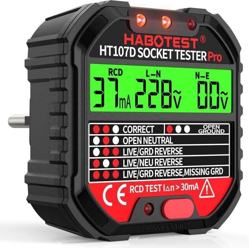 Steckdosentester, Automatischer Stromkreistester, Polaritätsspannungsprüfer 90-250V/45-65Hz, 6 Arten der Fehlerdiagnose,...