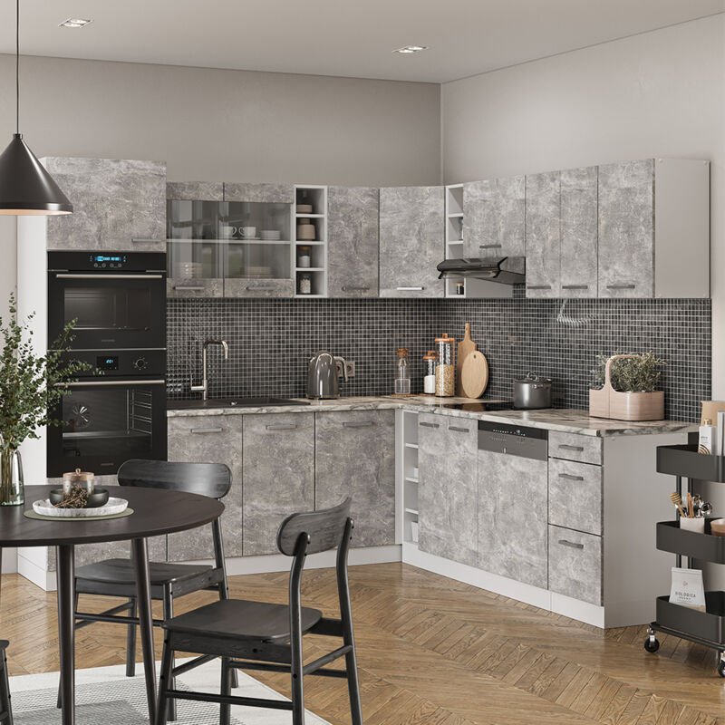 Vicco - Eckküche R-Line, Beton/Weiß, 237 x 60 cm ohne Arbeitsplatte