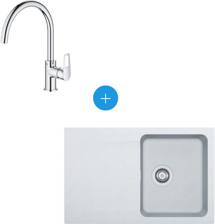 Orion Tectonite Einbauspülen-Set, 780 x 500 mm, Artic White + Grohe Bauloop Mischbatterie, Schwanenhals, Chrom - Franke