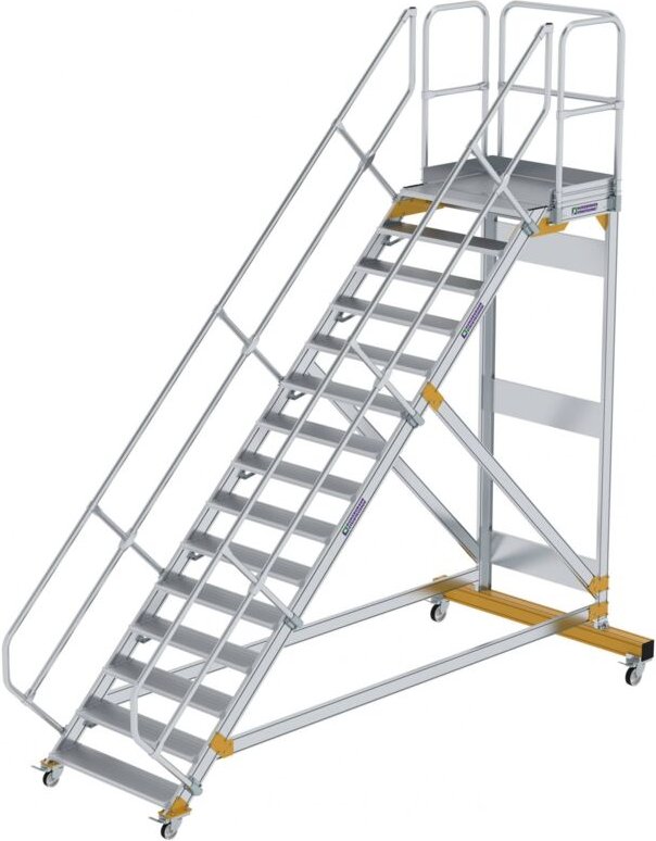 Günzburger Steigtechnik - Plattformtreppe 45° fahrbar Stufenbreite 1 m 15 Stufen Aluminium geriffelt - 600815