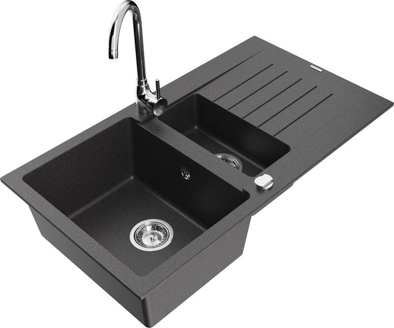 Matias 1,5-Becken-Granitspüle mit Abtropffläche und Mischbatterie Telma, Schwarz gesprenkelt - - Mexen