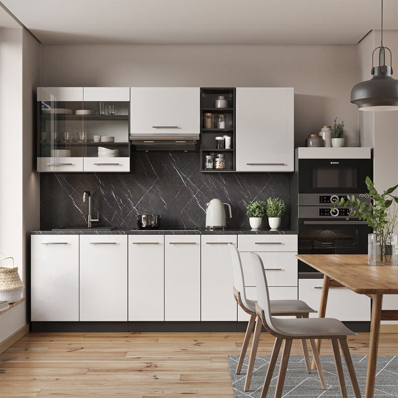 Vicco - Küchenzeile Fame-Line, Weiß Hochglanz/Anthrazit, 280 cm , ap Anthrazit