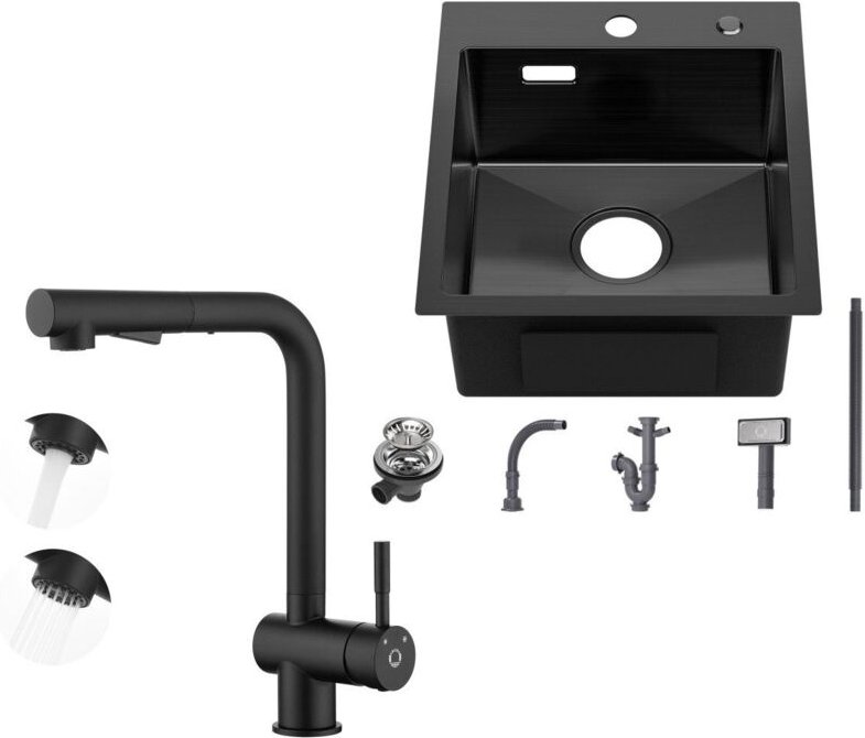 Cecipa Max - 40×45CM Aufsatzspüle für die Küche Anthrazitschwarz Edelstahlspüle mit Schwarz Ausziehbarer Küchenarmatur N...