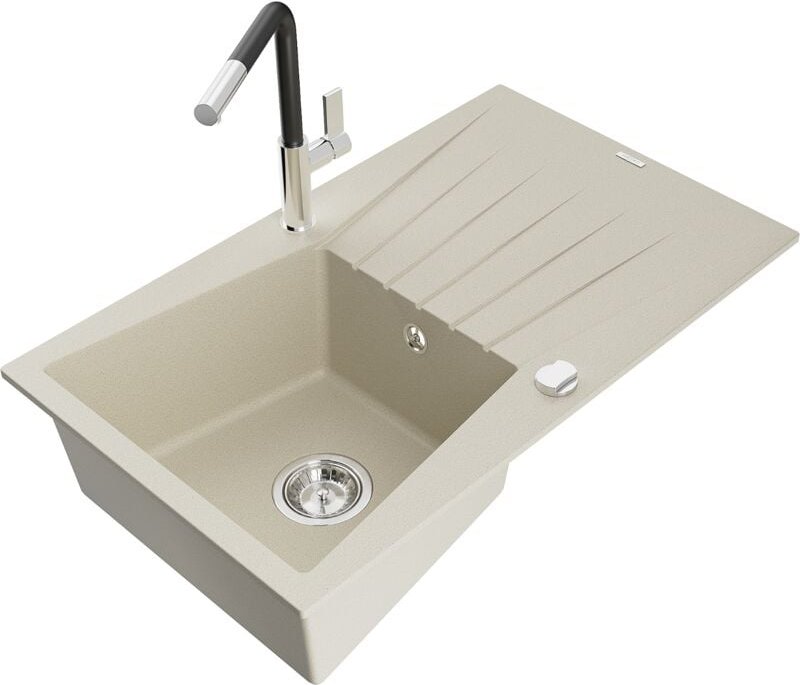 Cesar 1 Becken-Granitspüle mit Abtropffläche und Mischbatterie Flora, Beige - 6514-69-670401-0 - Mexen