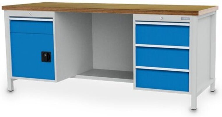 Kastenwerkbank Breite 2000 mm, R18-24, 4 x Schublade, 1 x Flügeltüre, 1 x Stahlfachboden halbe Tiefe, Rückwand Maße in m...