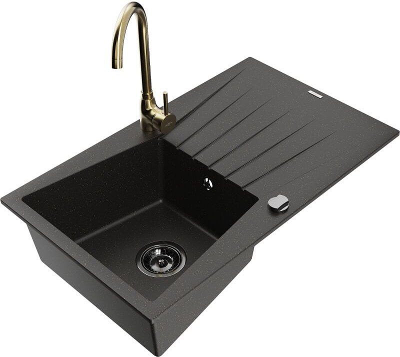 Cesar 1 Becken-Granitspüle mit Abtropffl√§che und Mischbatterie Telma, Schwarz/Gold - 6514-75-670200-50-B - Mexen