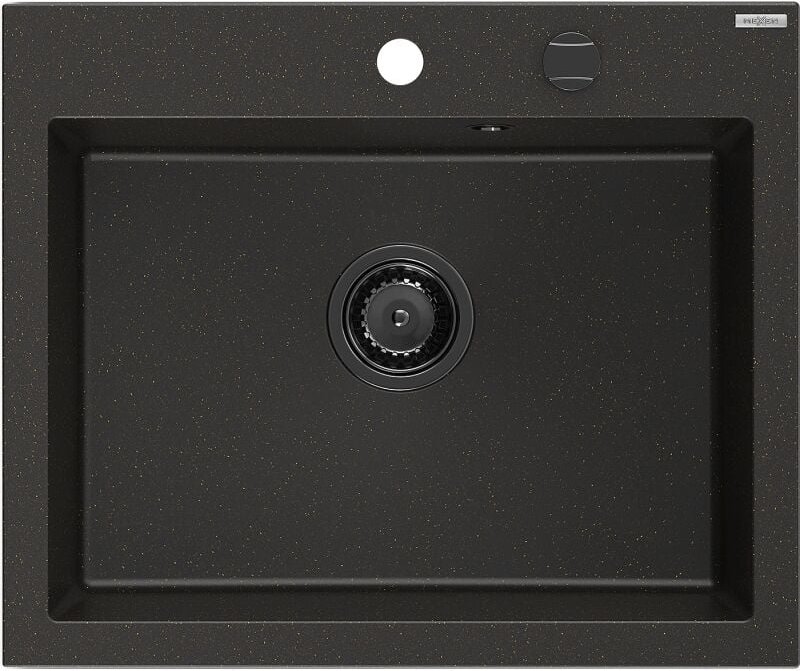Elix Granitspüle mit 1 Becken 600 x 500 mm, Schwarz/Gold Metallic, Schwarzer Siphon - 6525601005-75-B - Mexen