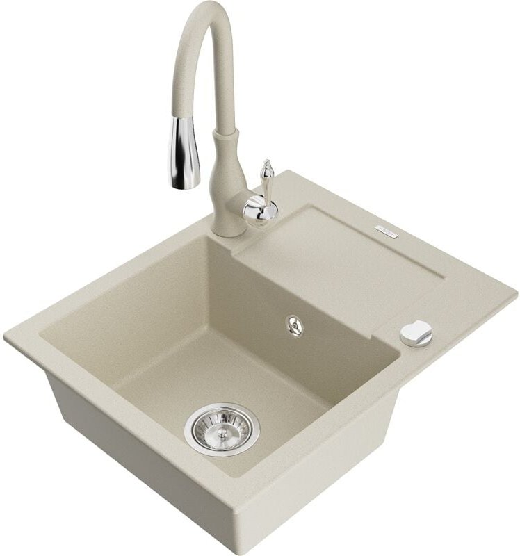 Enzo 1 Becken-Granitspüle mit Abtropffläche und Mischbatterie Savita, Beige - 6506-69-672601-6 - Mexen