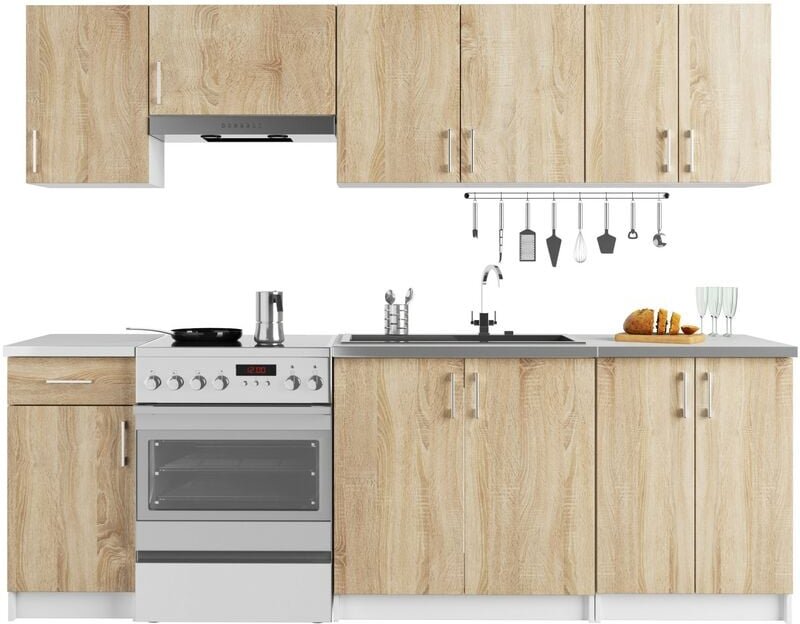 Akord - Küchenmöbelset lima Weiß 240 cm 11 Turen Schublade 12 Ebenen Front Sonoma-Eiche B240 x H203 x T44,5 cm