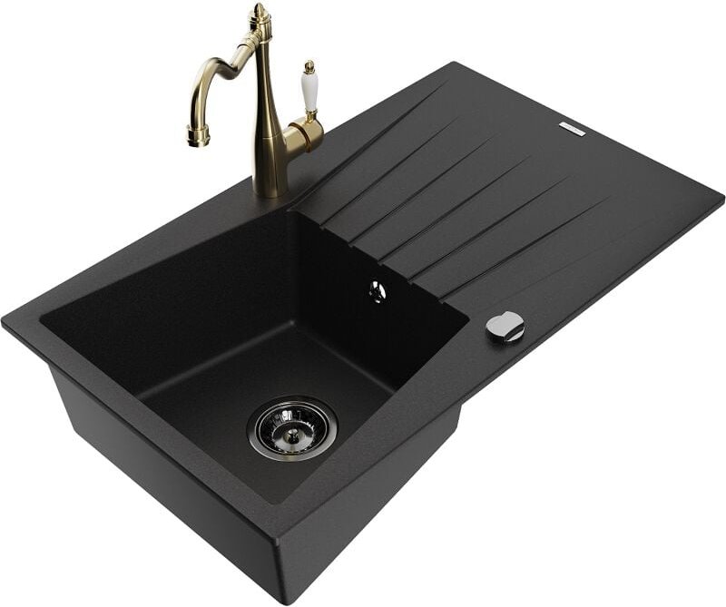 Cesar 1 Becken-Granitspüle mit Abtropffl√§che und Mischbatterie Carla, Schwarz - 6514-77-670700-50-B - Mexen