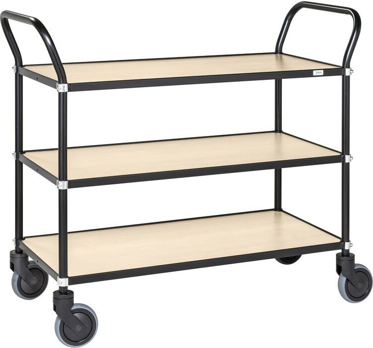 Kongamek Design Servierwagen in schwarz mit 3 Böden 760x430mm in Birkenoptik mit Bremse