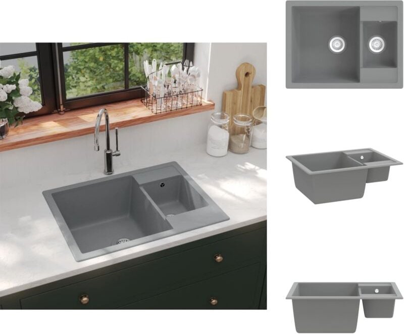 Küchenspülen & Spülbecken - Living Küchenspüle mit Überlauf Doppelbecken Grau Granit - Grau