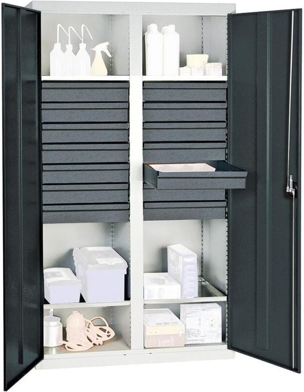 Werkzeug- und Materialschrank Serie 3000 lichtgrau / anthrazitgrau + 14 Schublade 100 mm + Mitteltrennwand + 4 Auszugsbö...