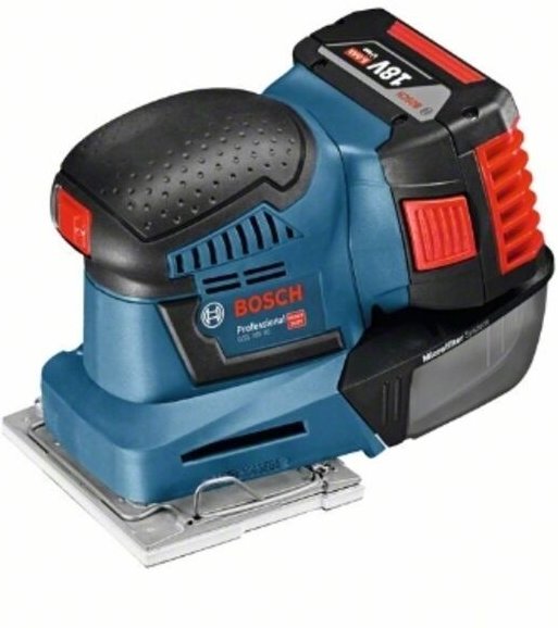 Bosch gss 18V-10 Vibrationsschleifer - 2 Batterien 18V 5.0Ah, Ladegerät und Koffer + 3 Schleifblätter und 3 Platten - 06...