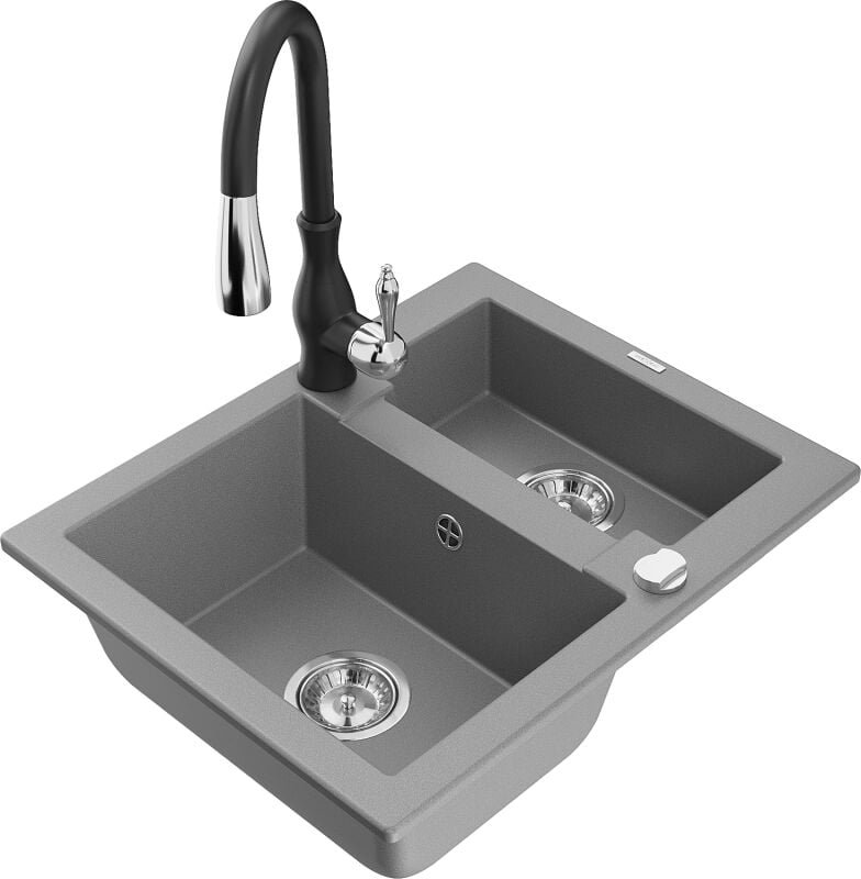 Carlos 1,5-Becken-Granitspüle mit Mischbatterie Savita, Grau - 6518-71-672601-70 - Mexen