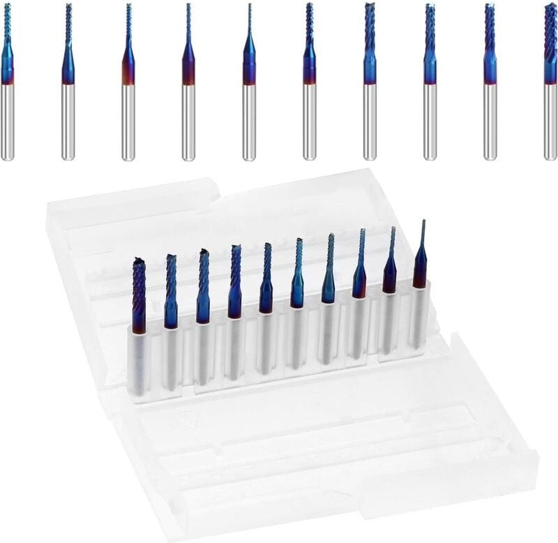 Soekavia - Nano Blue Coat Schaftfräser, CNC-Fräser, 1/8 Zoll Schaft, 0,8–3,75 mm, 10er-Pack für Kohlefaser, Hartholz, pc...