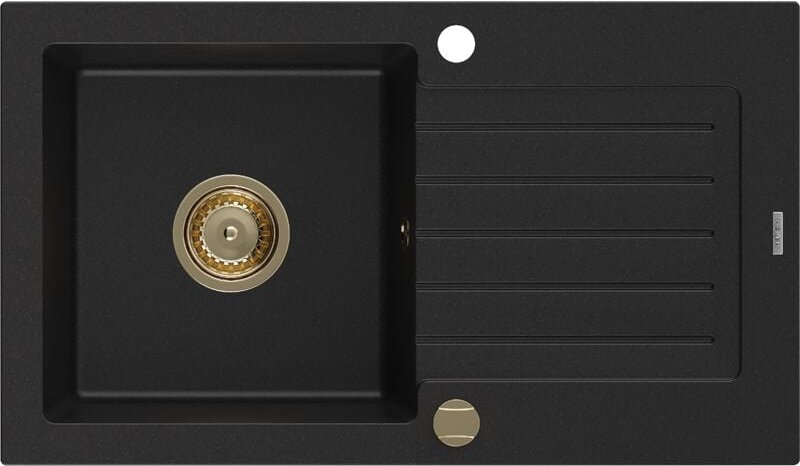 Pablo Granitspüle mit einem Becken und einer Abtropffläche 752 x 436 mm, Schwarz, Siphon Gold - Mexen
