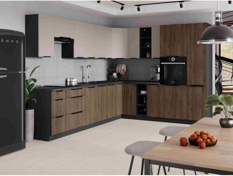 Kuchenmöbel-Set Eckküche Einbauküche Lynette Iconica Kaschmir/Braun - Furnix