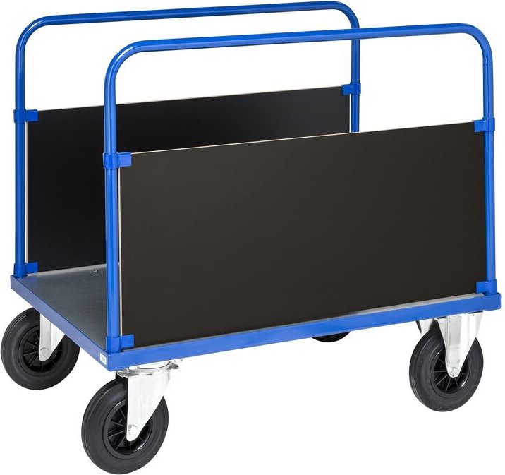 Kongamek Plattformwagen in blau 1200x800x900mm mit verzinkter Ladefläche und 2 stirnseitigen Wänden mit Gummibereifung u...