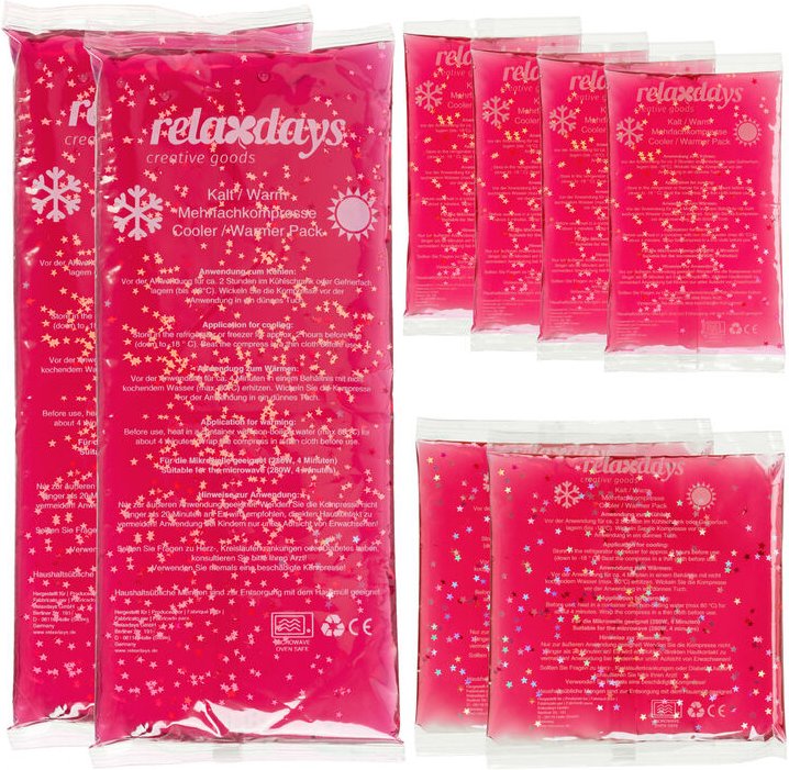 Relaxdays Kühlpads, 8er Set, 3 Größen, Kalt Warm Kompressen, Kühlpacks Gel, wiederverwendbare Gelkühlkompressen, pink