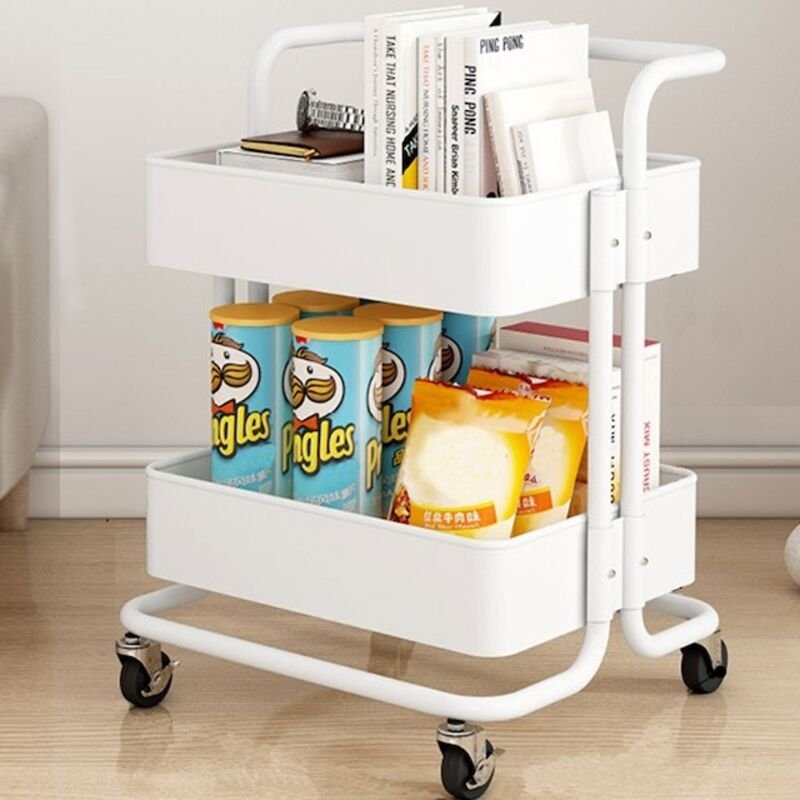 Rollwagen mit 2 Ebenen, Räder für Büro, Küche, Bad, Wohnzimmer, Weiß