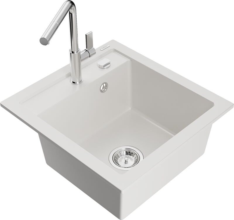 Vito 1-Becken-Granit-Spüle mit Mischbatterie Flora, Weiß - 6503-20-670401-00 - Mexen