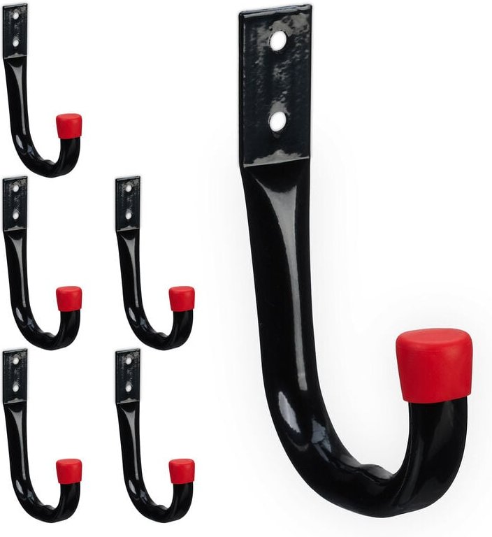 Relaxdays - Wandhaken, 6er Set, Universalhaken für Gartengeräte, Werkzeug Wandhalterung, Stahl, je bis 18 kg, schwarz/ro...