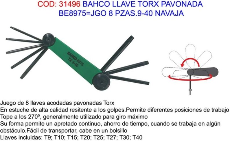 Bahco gebläuter Torx-Schlüsselsatz BE8975JGO, 8-teilig, Klinge 9-40