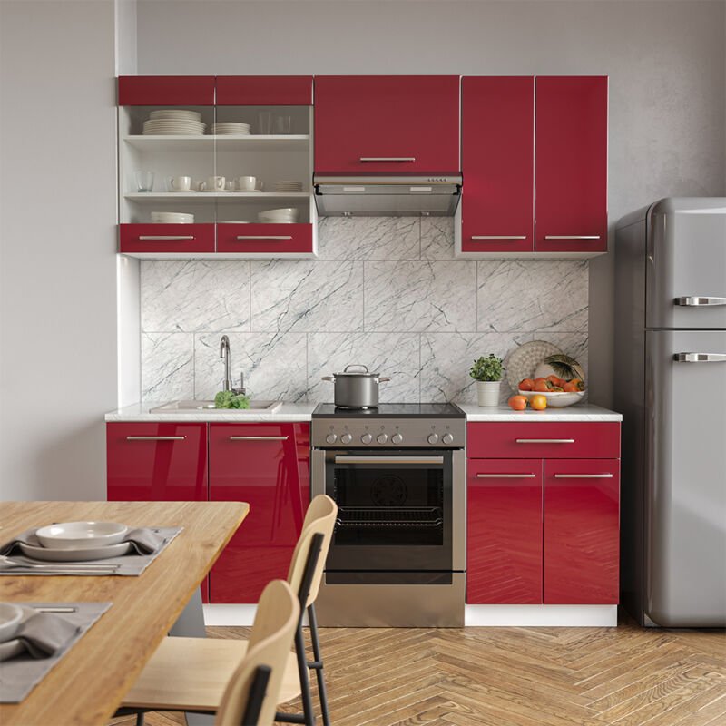 Vicco - Küchenzeile Fame-Line, Bordeaux Hochglanz/Weiß, 200 cm , ap Anthrazit