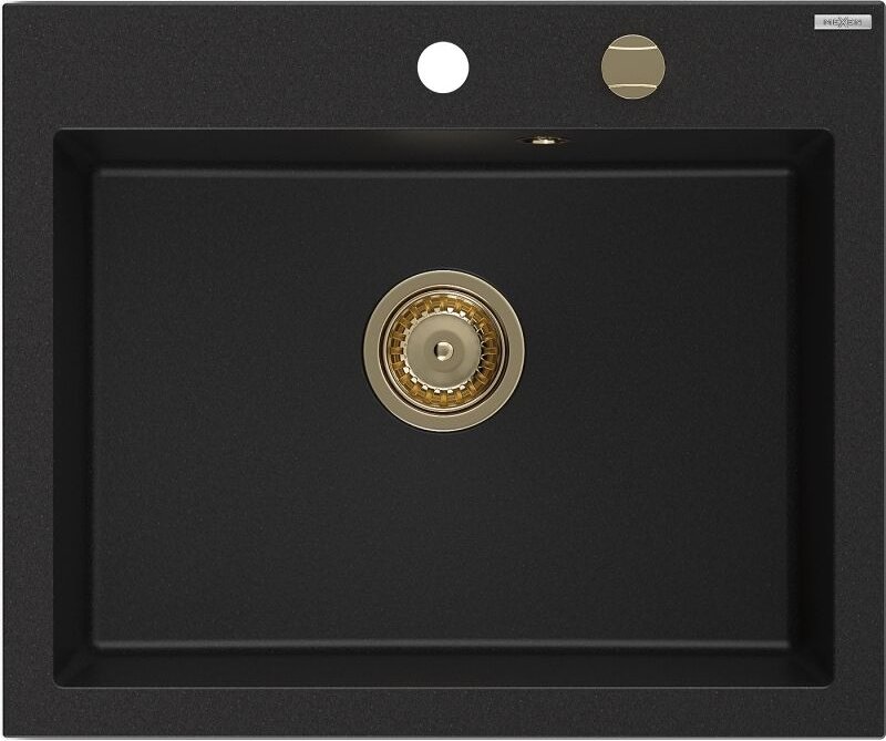 Elix Granitspüle 1-Becken 600 x 500 mm, schwarz, goldener Siphon - 6525601005-77-G - Mexen
