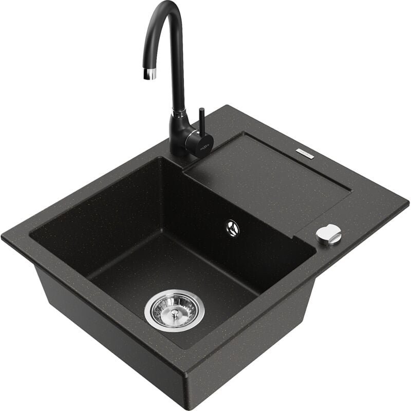 Enzo 1 Becken-Granitspüle mit Abtropffläche und Mischbatterie Telma, Schwarz/Gold - 6506-75-67 - Mexen