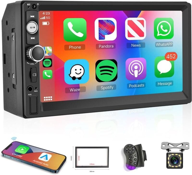 Kabelloses Carplay Android Autoradio 2 Din, 7 Zoll HD-Bildschirm Autoradio Bluetooth/Mirror Link/USB/AUX/FM-Radio + Rück...